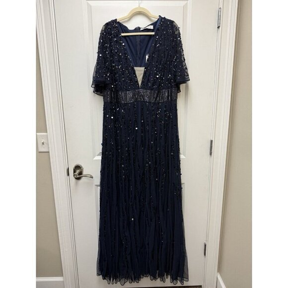 Mac Duggal size 18 Navy 93784 Sequined Beaded V-NECK Formal Cocktail Dress GOWN - Picture 3 of 14